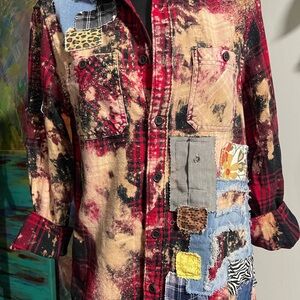 Bleached Upcycled Red & Black Flannel Denim Vintage Patchwork Shirt Shacket